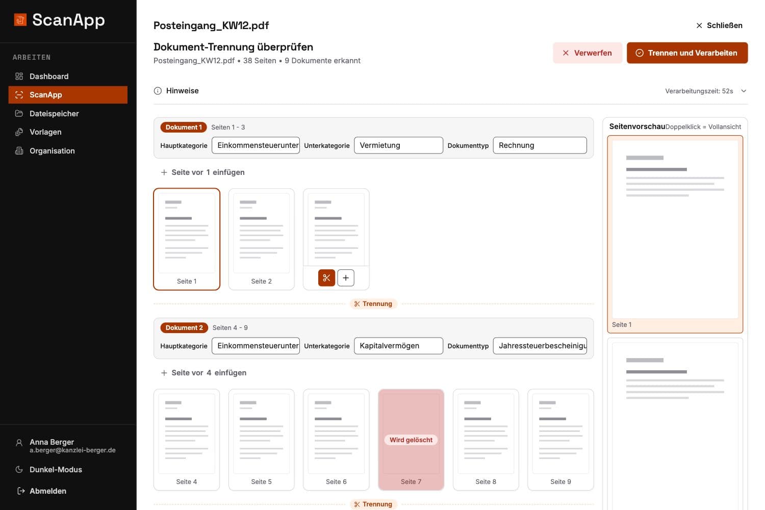 ScanApp: Dokument-Trennung prüfen mit Kategorie-Vorschlag und Trennmarkern