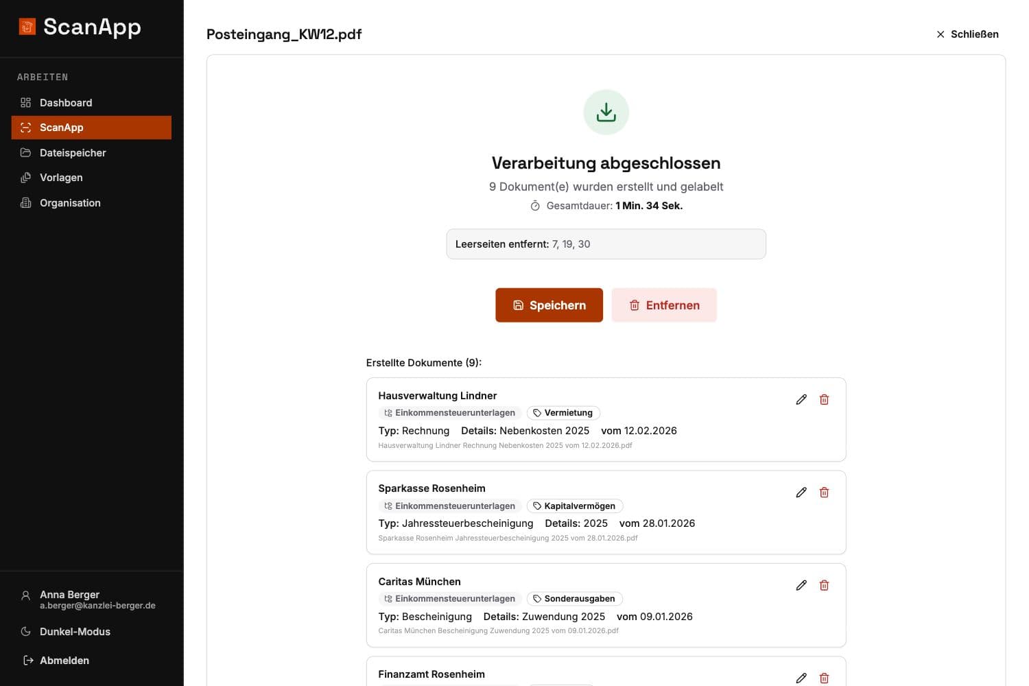 ScanApp: Ergebnis mit vorgeschlagenen Dateinamen