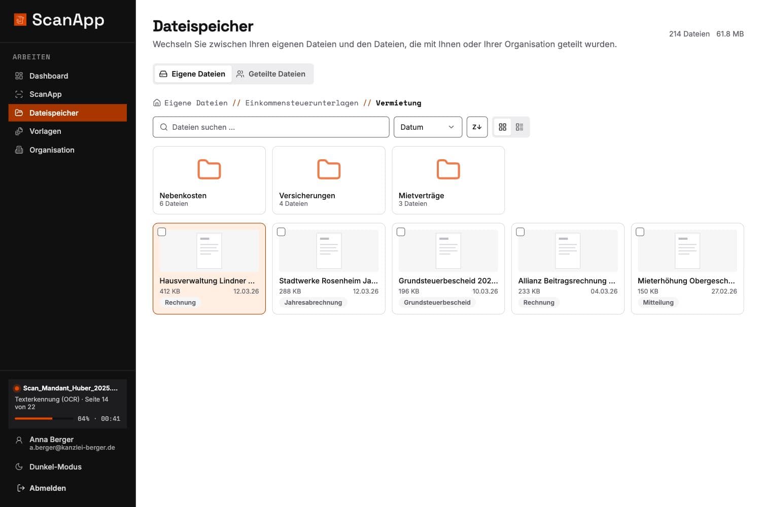 ScanApp-Dateispeicher mit Ordnerstruktur der Vorlage